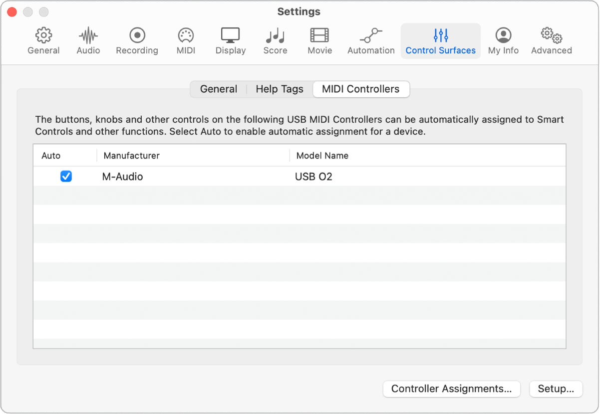 Figure. MIDI Controllers settings.