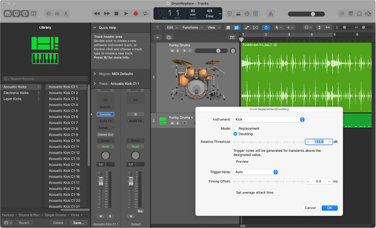 Figure. Tracks area with audio track zoomed, Library open showing drum sounds, and Drum Replacement/Doubling dialog open.