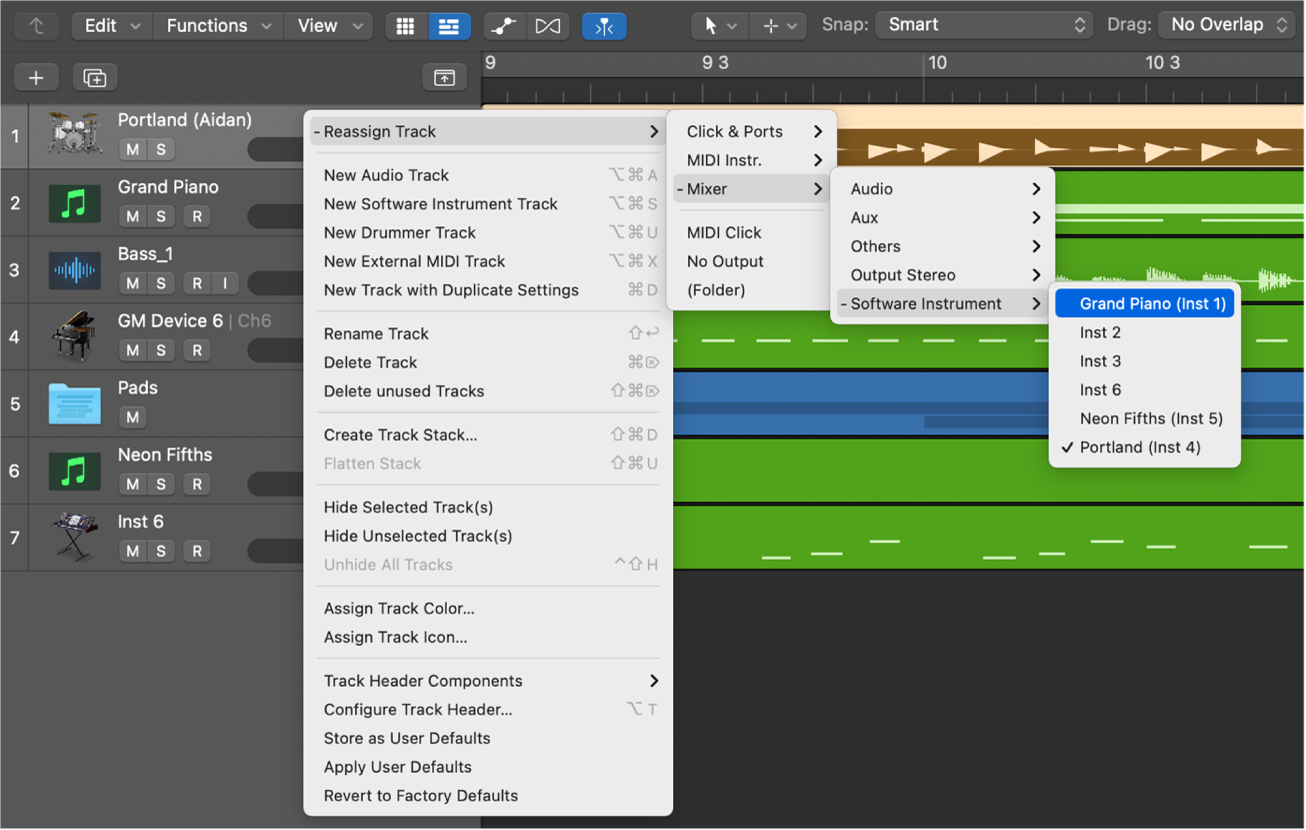 Figure. Reassign Track shortcut menu showing destinations.