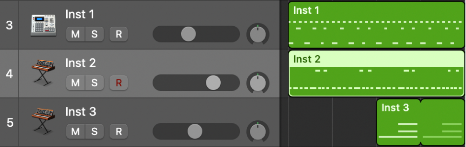 Figure. The Tracks area, showing software instrument regions on software instrument tracks.