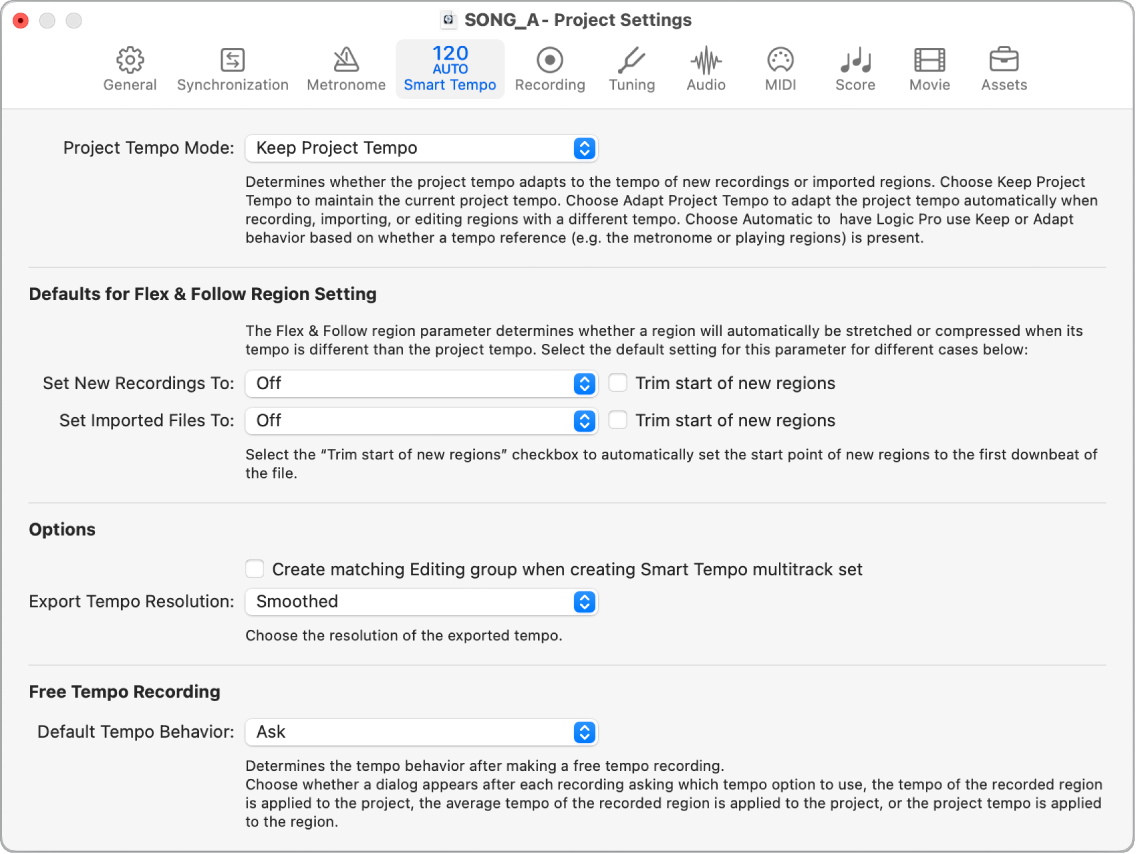 Figure. Smart Tempo project settings.