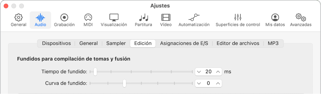 Ilustración. Los ajustes de edición de audio con los parámetros de fundido.