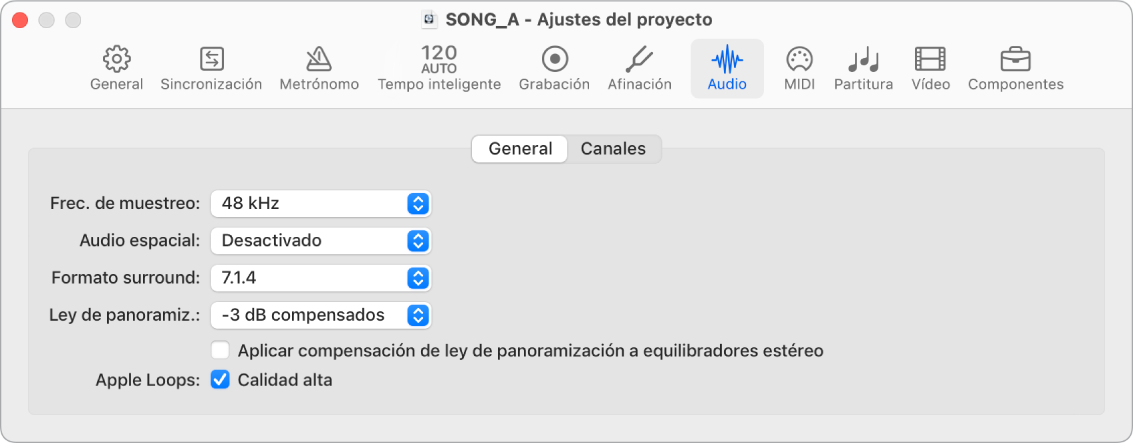 Ilustración. Pestaña General del panel Audio de ajustes del proyecto.