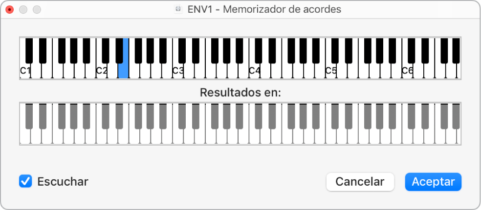 Ilustración. Ventana “Memorizador de acordes” con la casilla Escuchar activada.