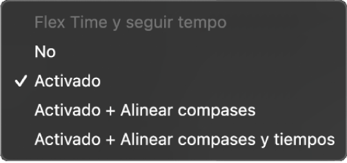 Ilustración. Menú desplegable “Flex y seguir” en el inspector de pistas con opciones disponibles.