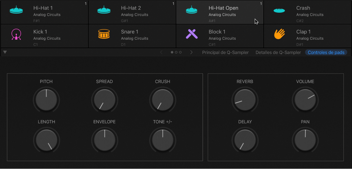 Ilustración. Drum Machine Designer con un pad seleccionado, donde se muestran los parámetros de “Smart Controls” para piezas del kit.