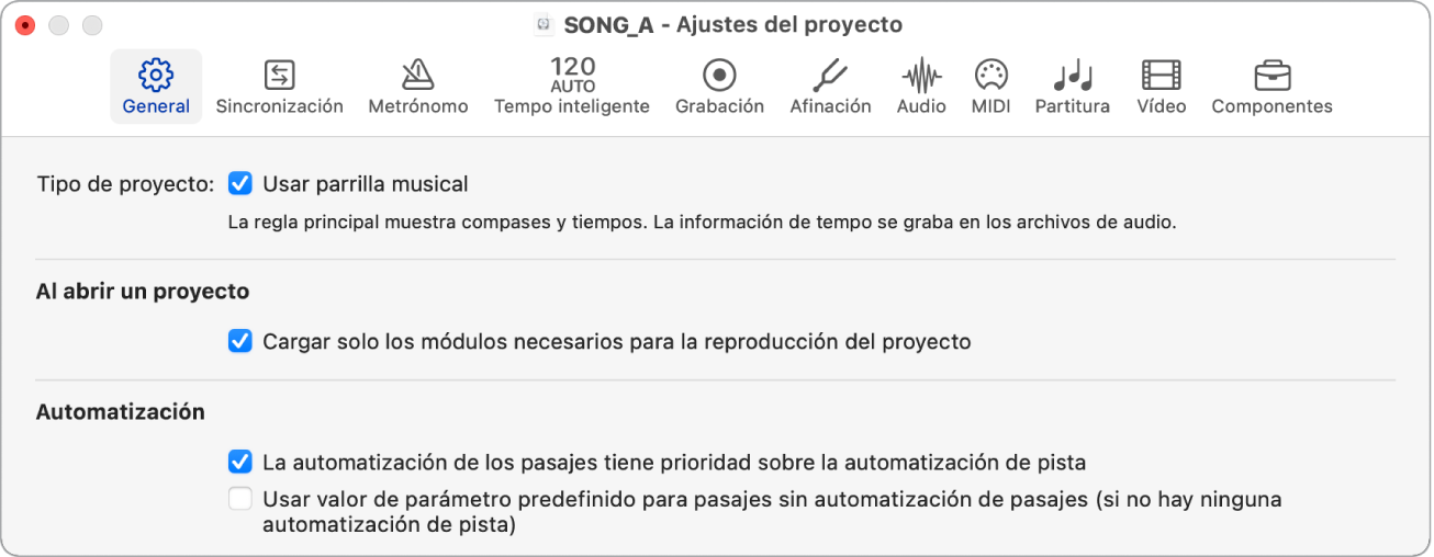 Ilustración. Pestaña General de ajustes del proyecto.