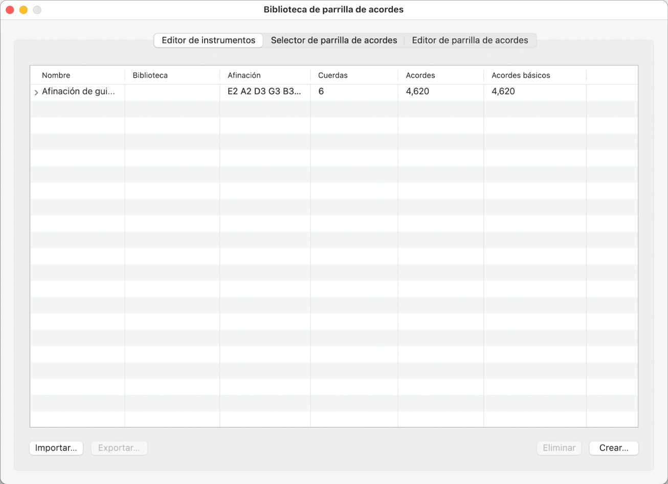 Ilustración. Panel “Editor de instrumentos” en la ventana “Biblioteca de parrilla de acordes”.
