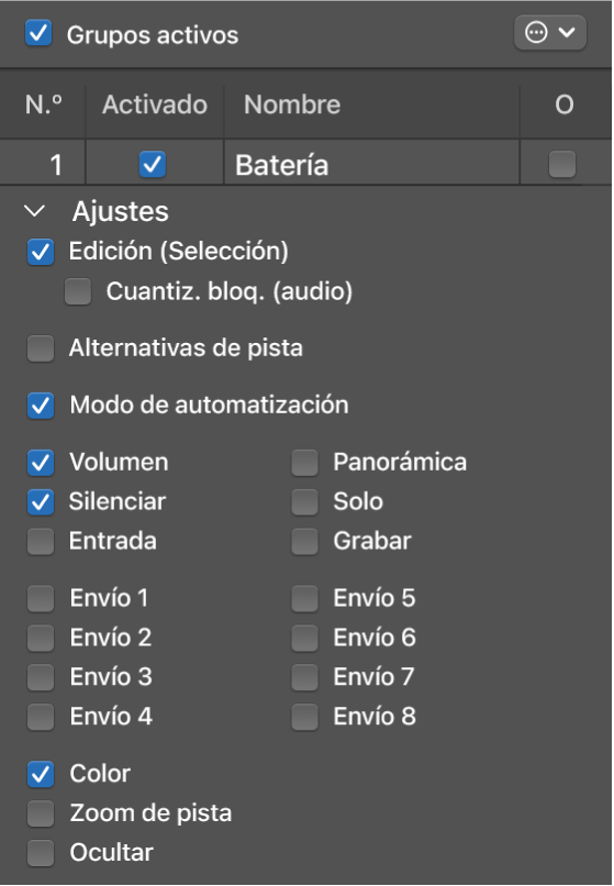 Ilustración. Menú de grupos con las opciones “Edición” y “Cuantización bloqueada (audio)” seleccionadas.