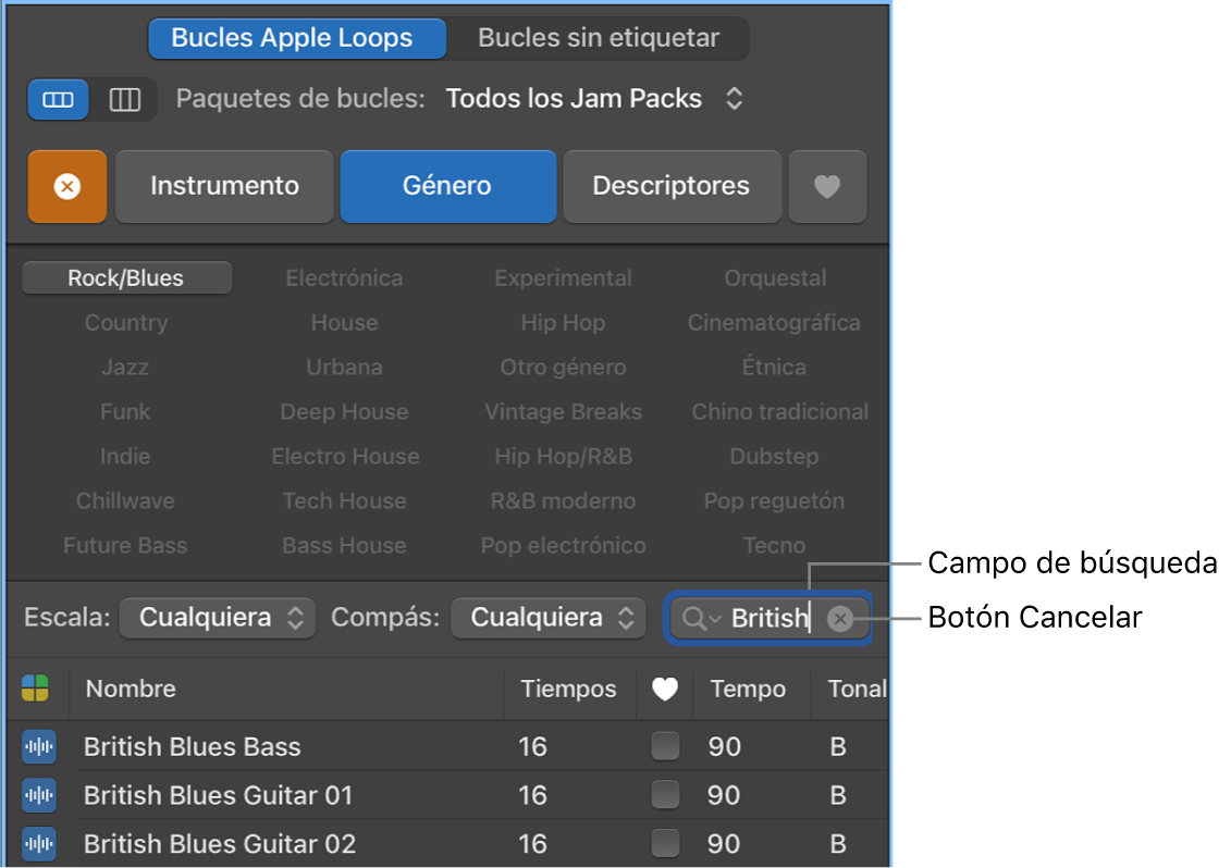 Campo de búsqueda y botón Cancelar en el explorador de loops.