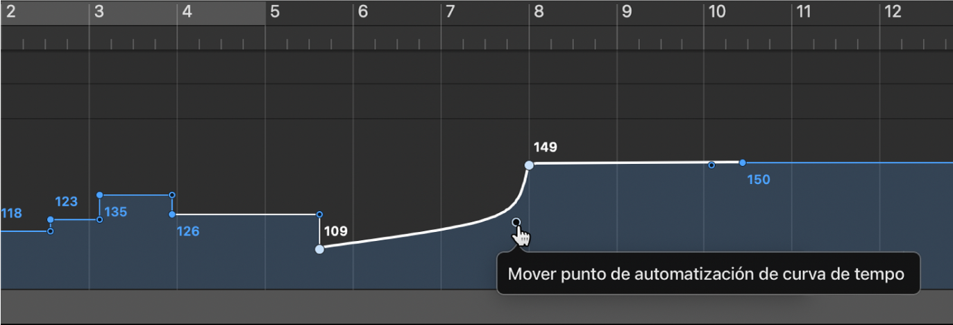 Ilustración. Se está arrastrando la punta de la línea en ángulo recto para crear una curva de tempo.