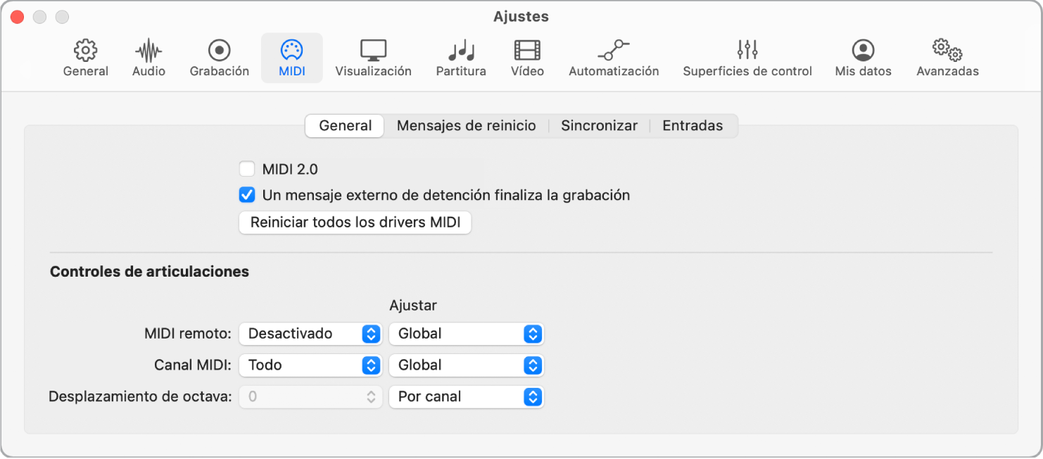 Ilustración. Ajustes generales de MIDI.