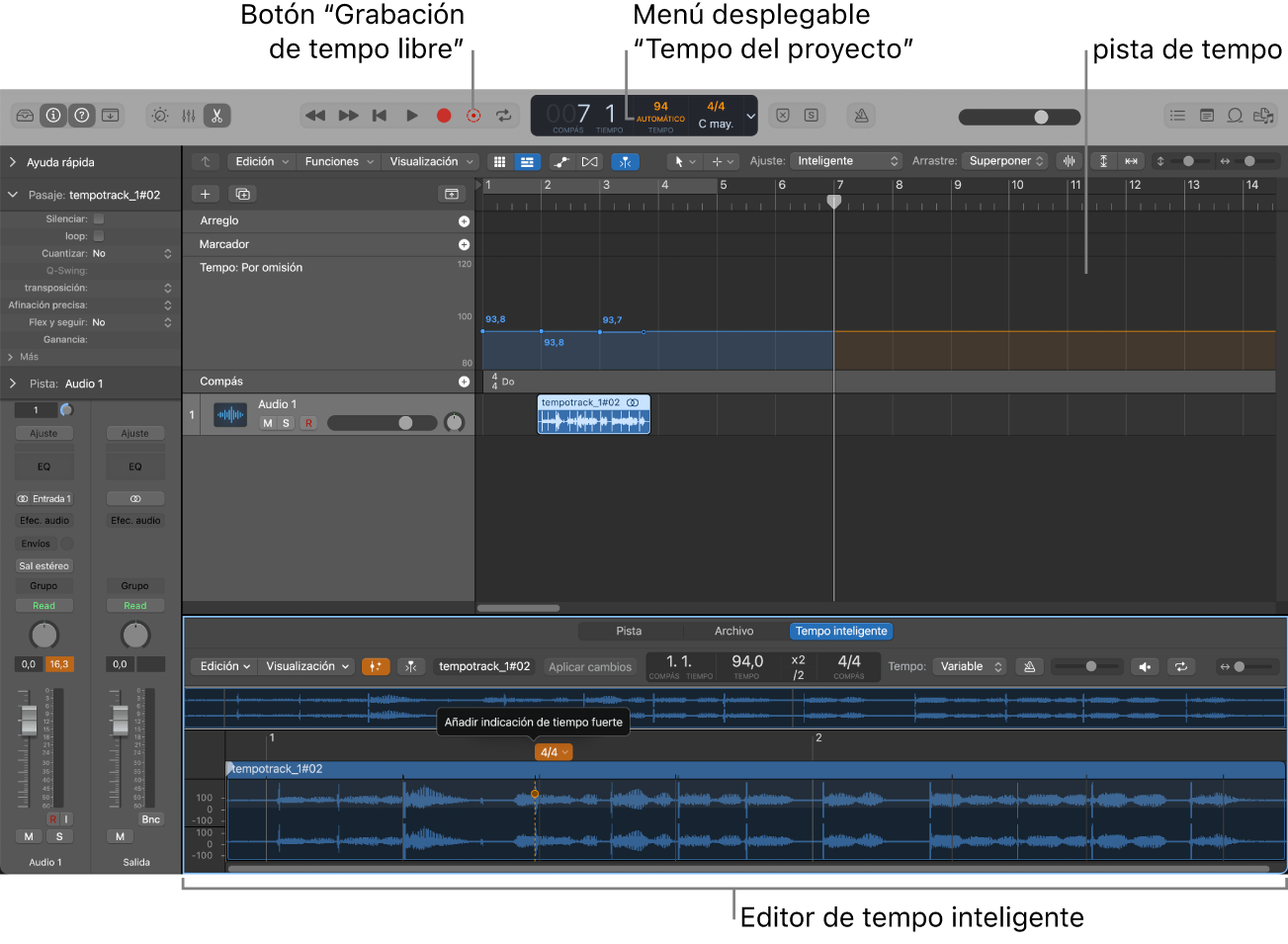 Ilustración. Proyecto con una grabación con el modo Adaptar seleccionado, cambios de tempo en la pista de tempo y el editor de tempo inteligente abierto.