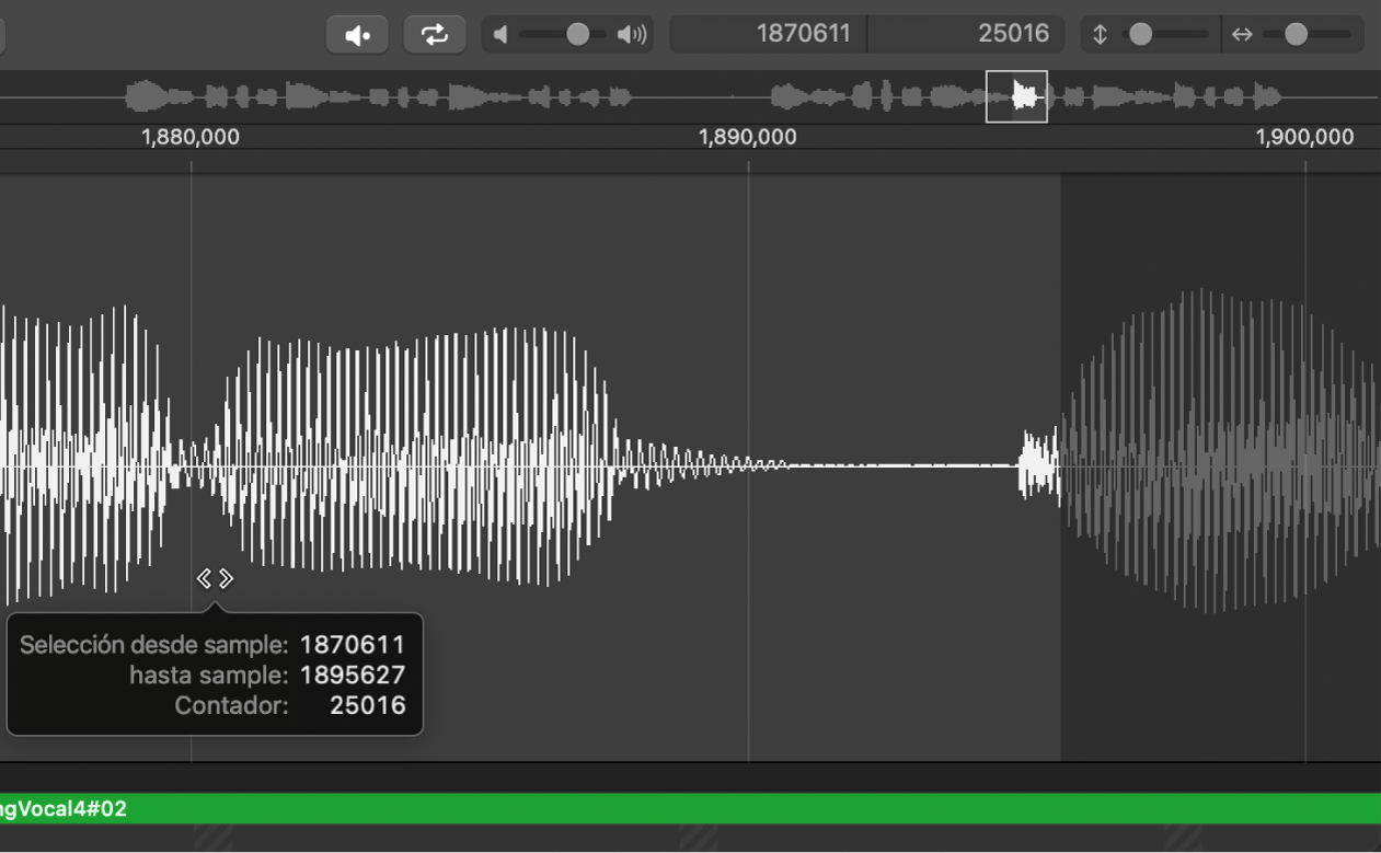 Ilustración. Selección en el editor de archivos de audio con una flecha de dos cabezas sobre el centro.