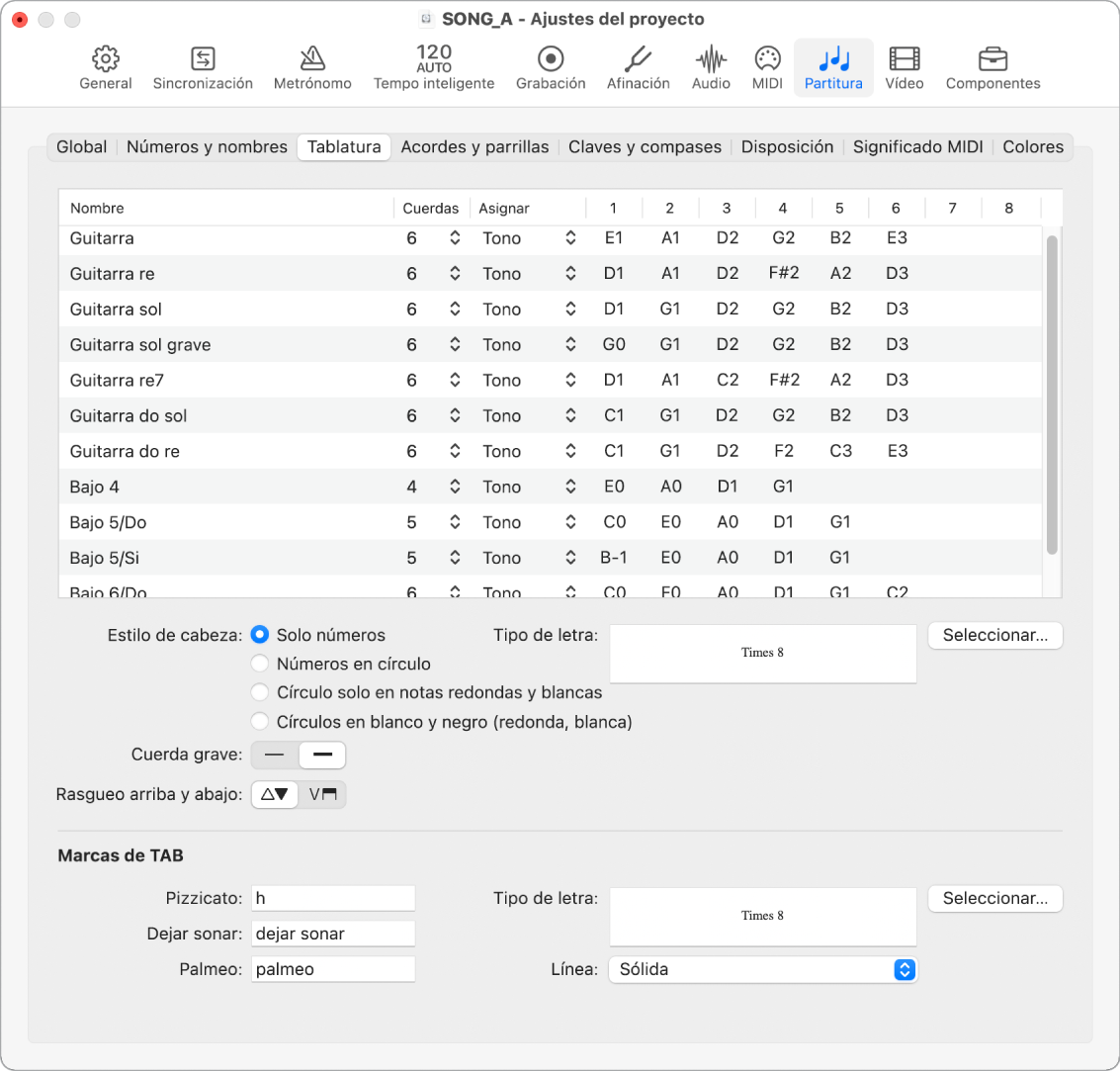 Ilustración. Pestaña Tablatura de ajustes del proyecto.