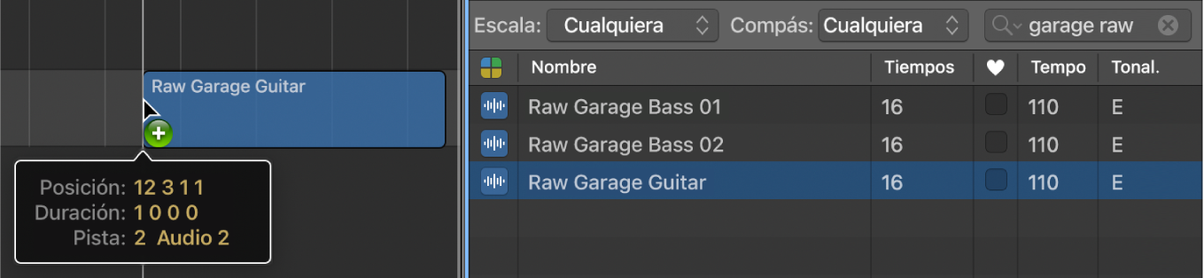 Ilustración. Se está arrastrando un loop del explorador de loops al área Pistas. La etiqueta de ayuda muestra la posición del loop.