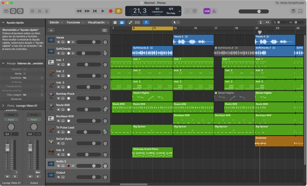 Ilustración. Área Pistas con pasajes de audio, de instrumentos de software y de Drummer.