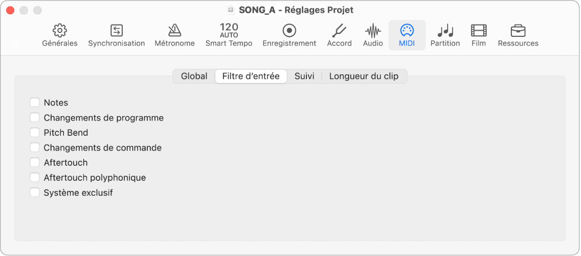Figure. Réglages de filtre d’entrée MIDI du projet.