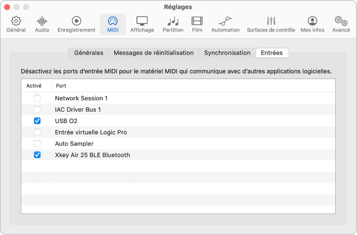 Figure. Réglages Entrées MIDI.