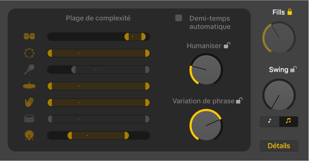 Figure. Potentiomètre Humaniser, potentiomètre Évolution et curseurs Plage de complexité dans l’éditeur de drummer.