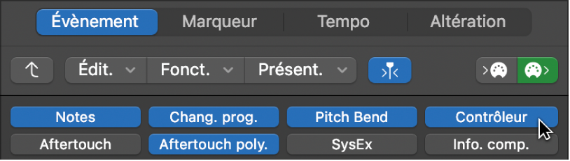 Figure. La liste d’évènements affiche des boutons de type d’évènement.