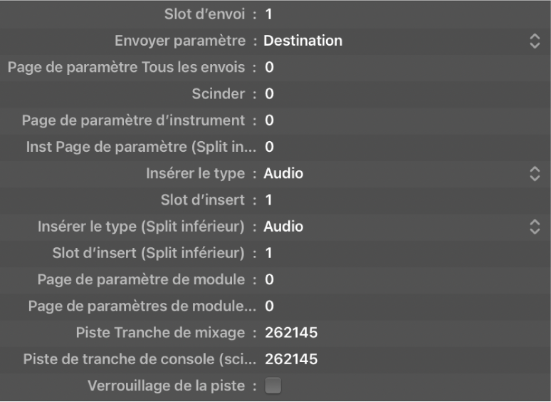 Figure. Paramètres d’envoi et de module de groupe de surfaces de contrôle.