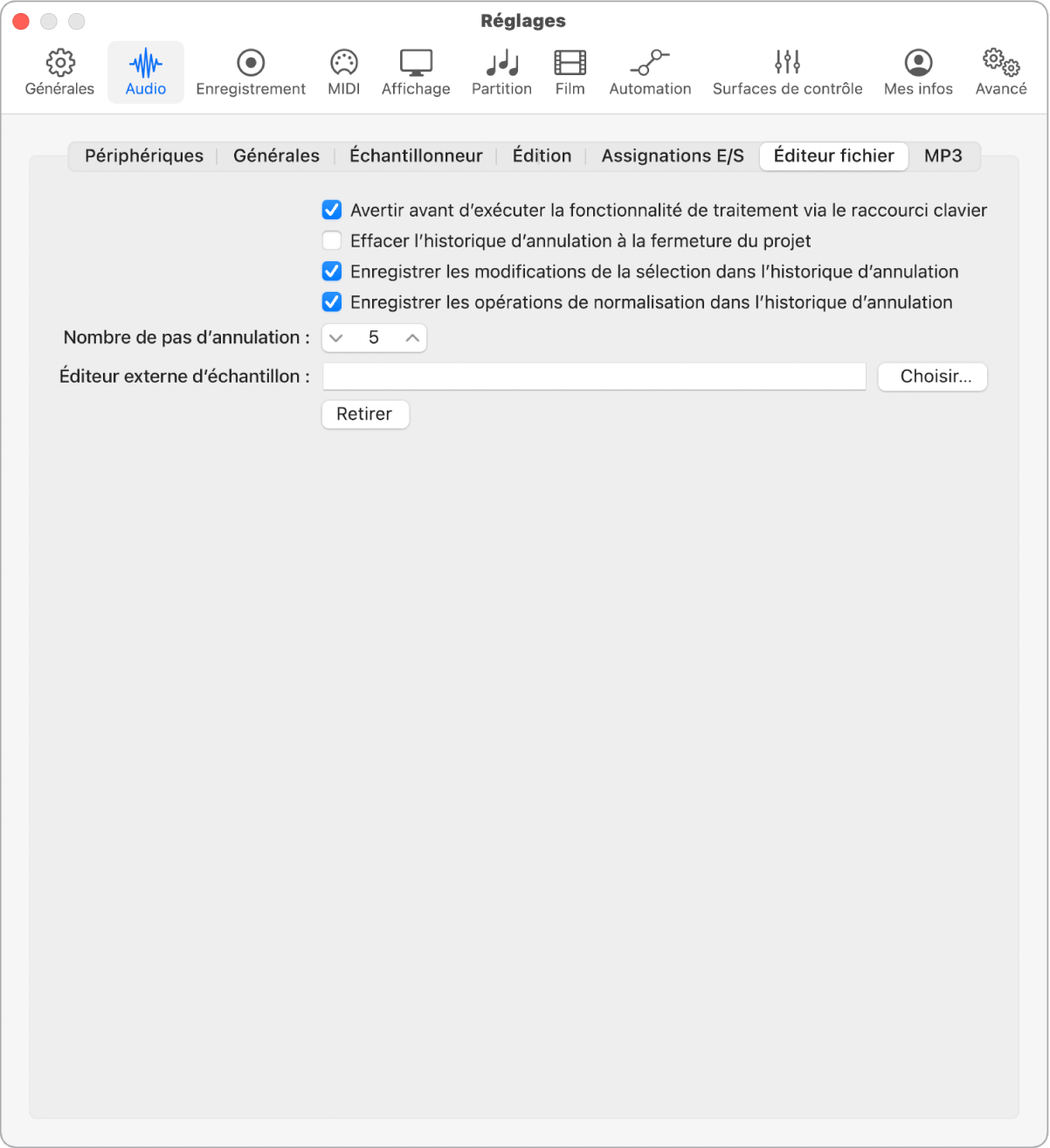 Figure. Réglages de l’éditeur de fichier audio.