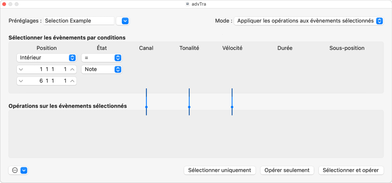 Figure. Fenêtre de transformation affichant des réglages permettant d’effectuer des sélections de notes en vue d’opérations d’édition.