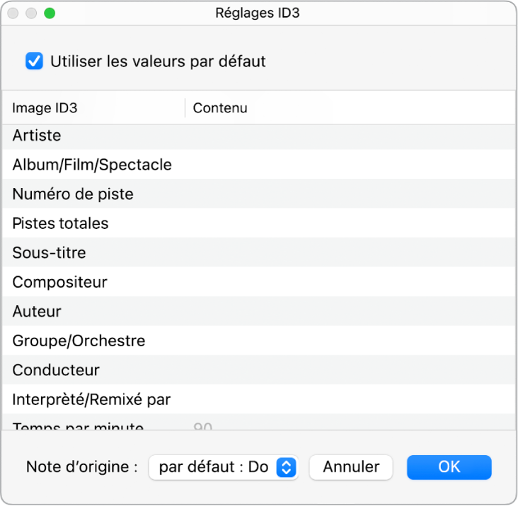 Figure. Zone de dialogue Réglages ID3.