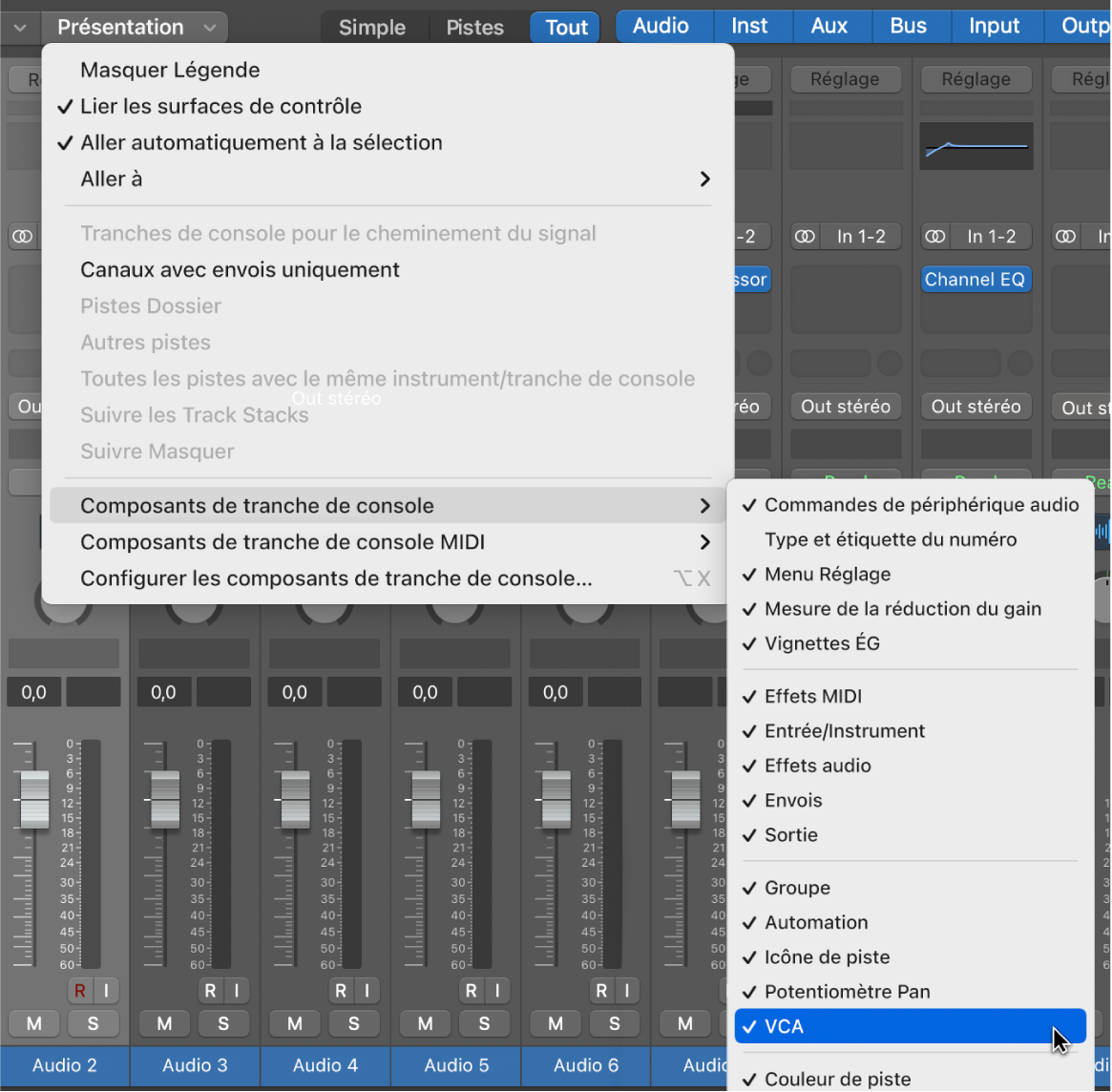 Figure. Sous-menu « Composants de tranche de console » dans le menu Présentation de la table de mixage.