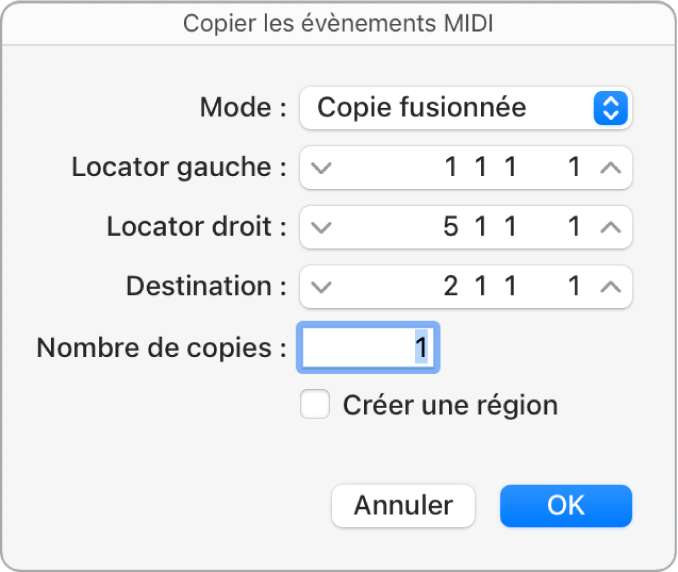 Figure. Zone de dialogue Copier les évènements MIDI.