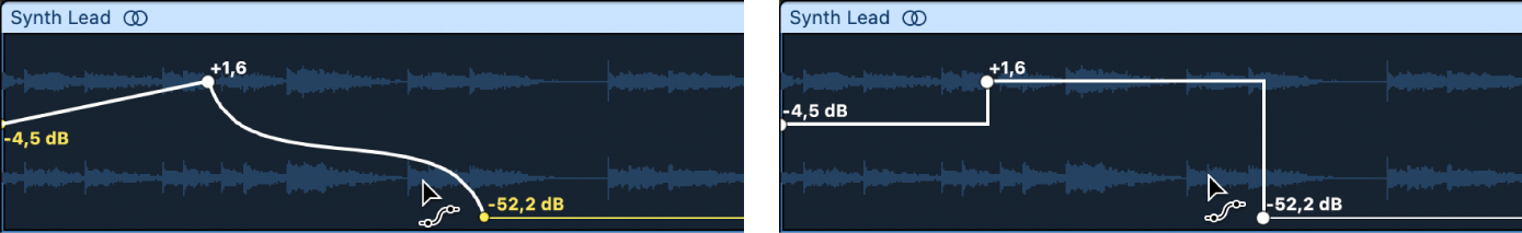 Tout en maintenant la touche Option enfoncée, cliquez sur une courbe d’automation à l’aide de l’outil Courbe d’automation pour convertir une courbe continue en courbe instantanée.