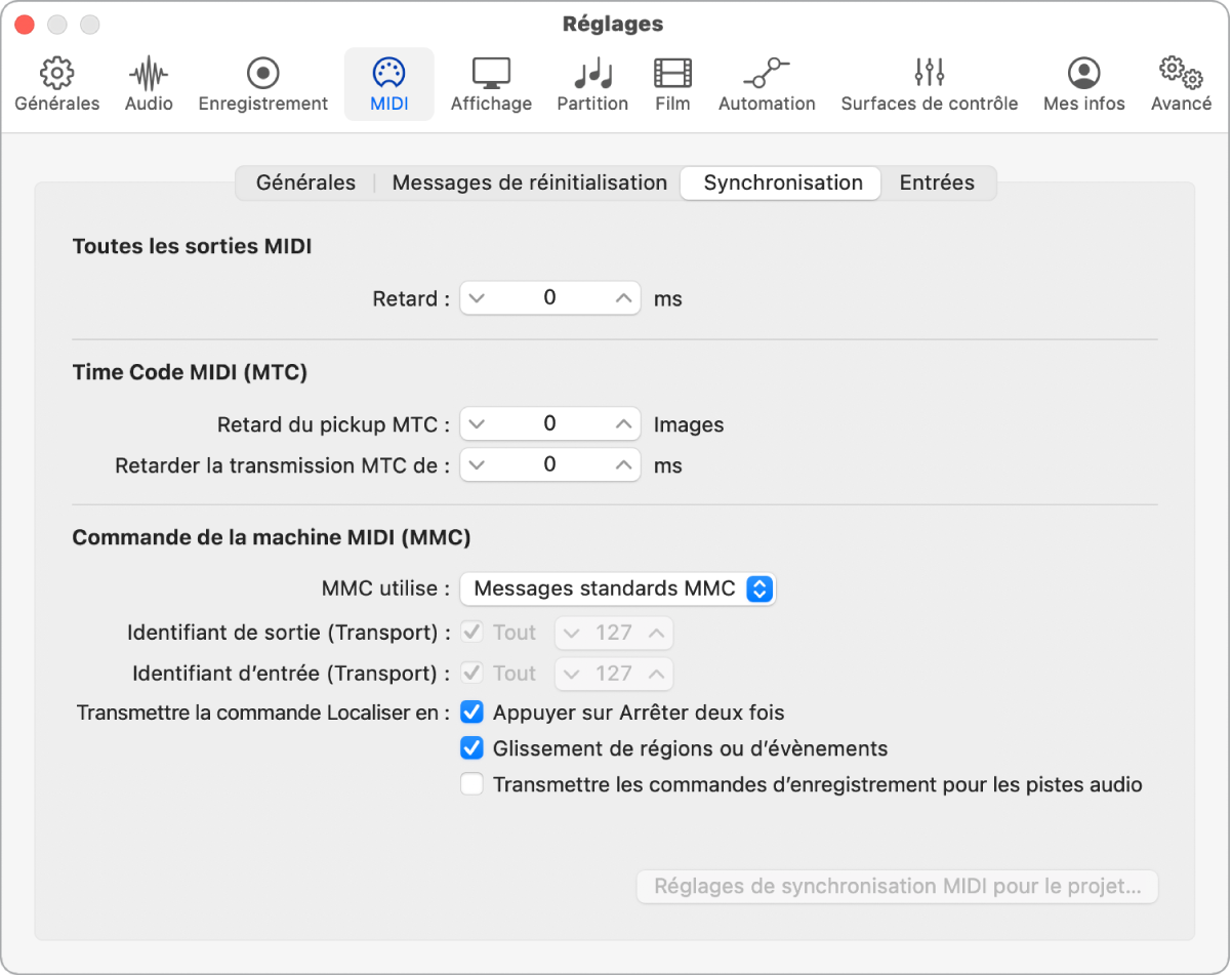 Figure. Réglages de synchronisation