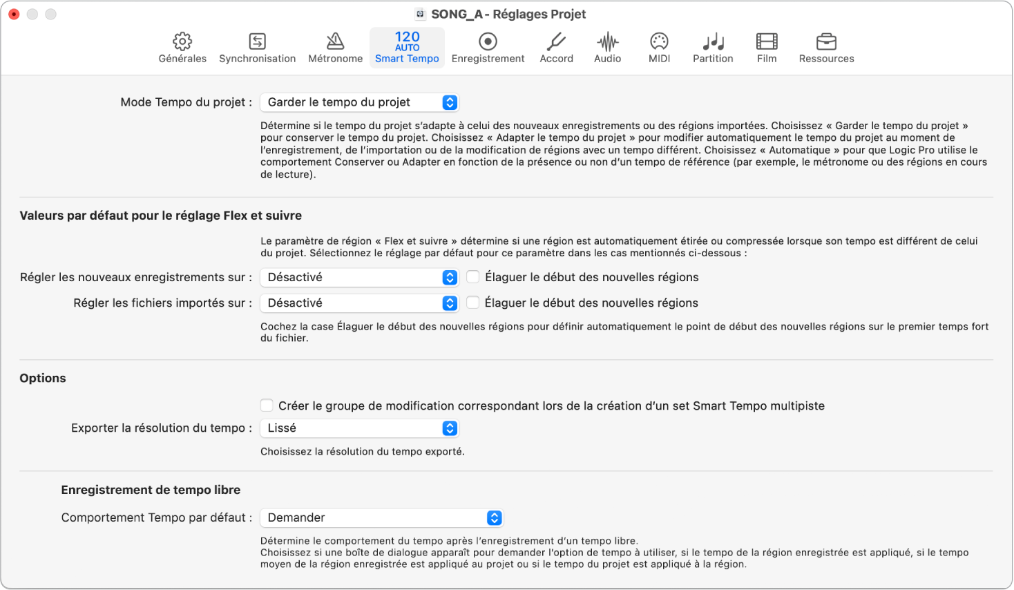 Figure. Réglages Smart Tempo du projet.