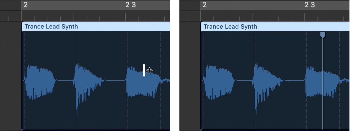 Figure. Région audio illustrant la création d’un marqueur Flex à une position dépourvue de marqueur d’élément transitoire.