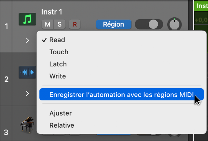 Enregistrement d’automation avec l’élément de menu Régions MIDI dans le menu local Mode d’automation.