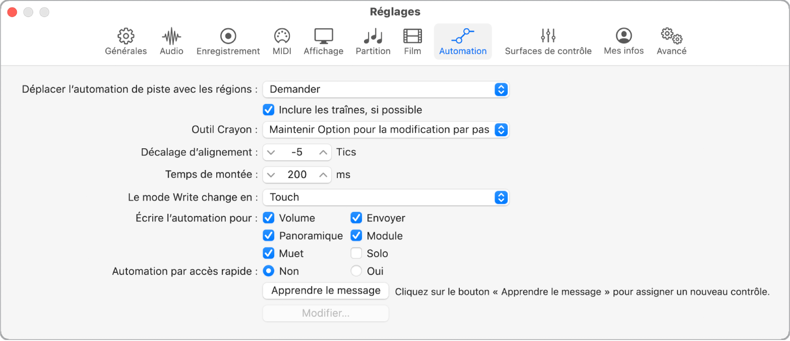 Figure. Réglages Automation.