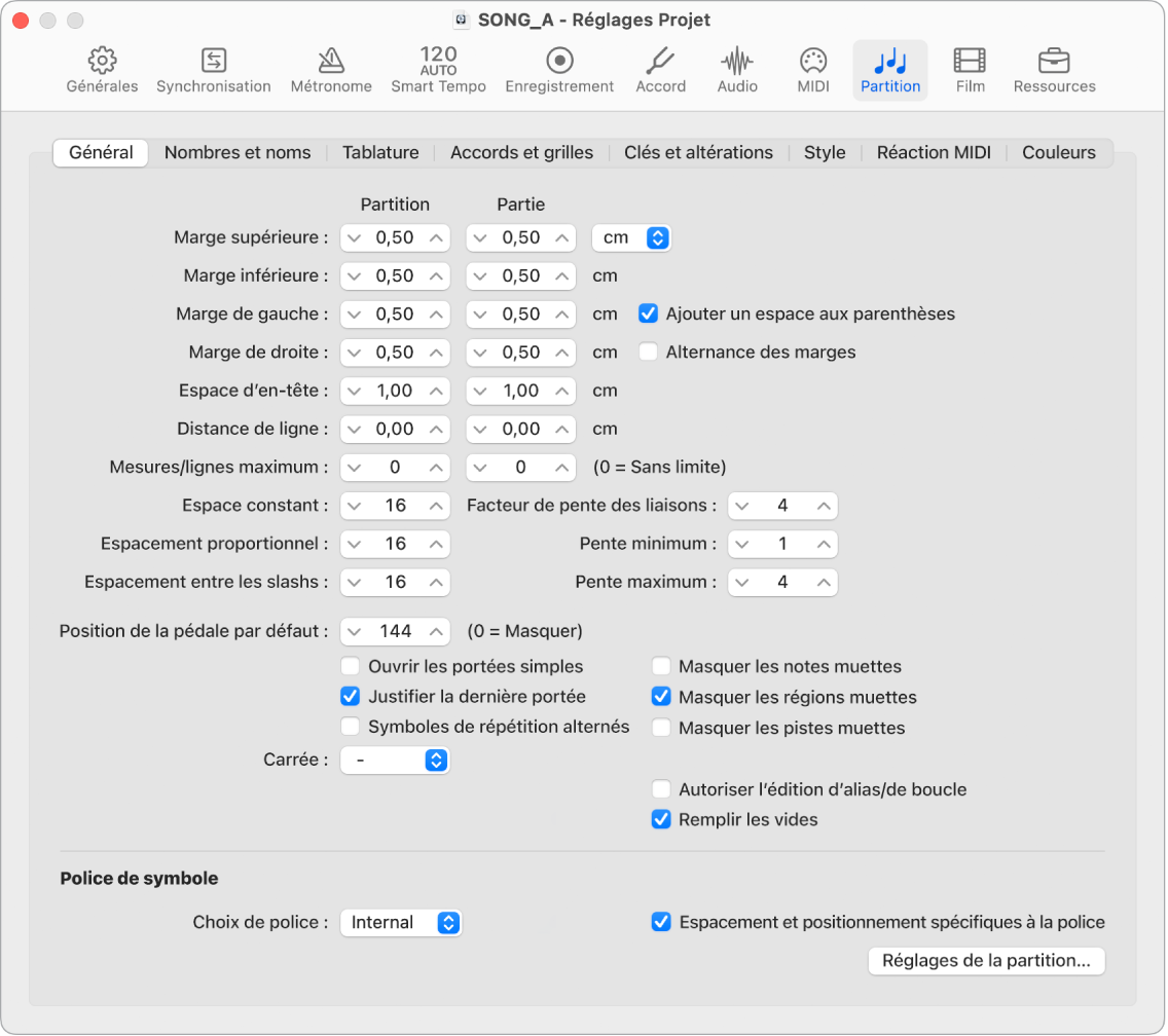 Figure. Réglages généraux de partition du projet.