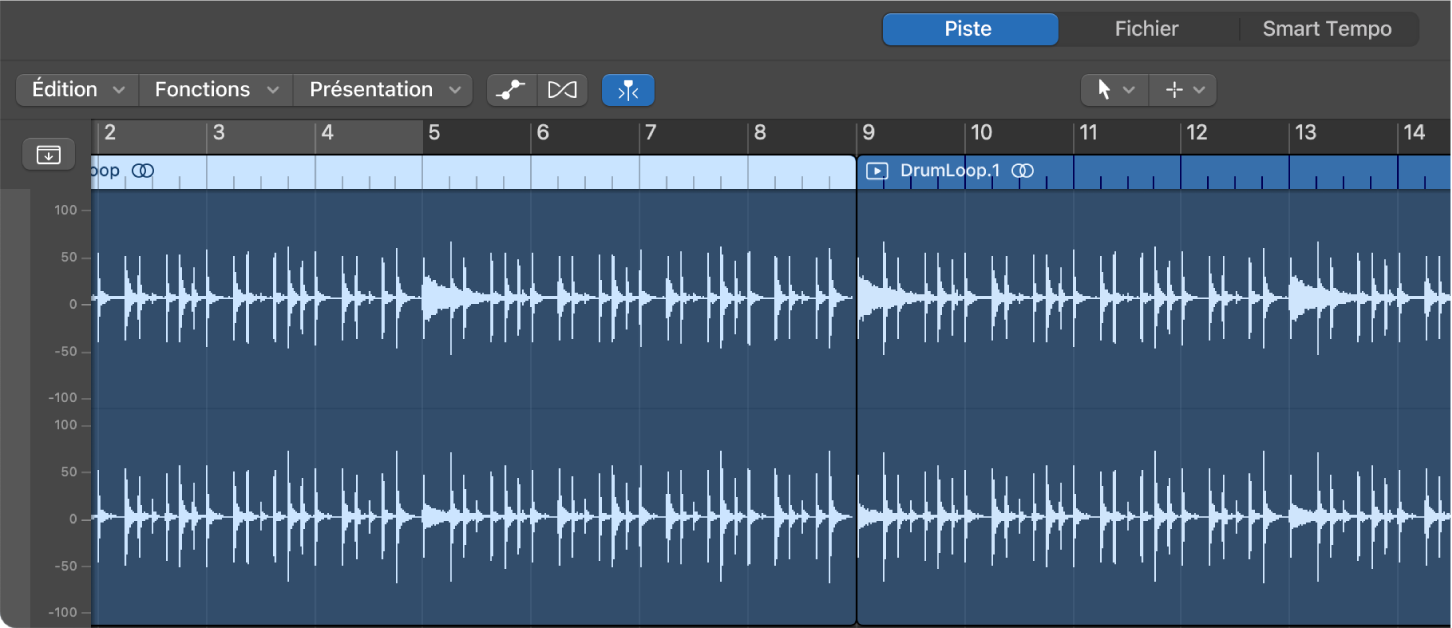 Figure. Éditeur de piste audio avec une région sélectionnée.