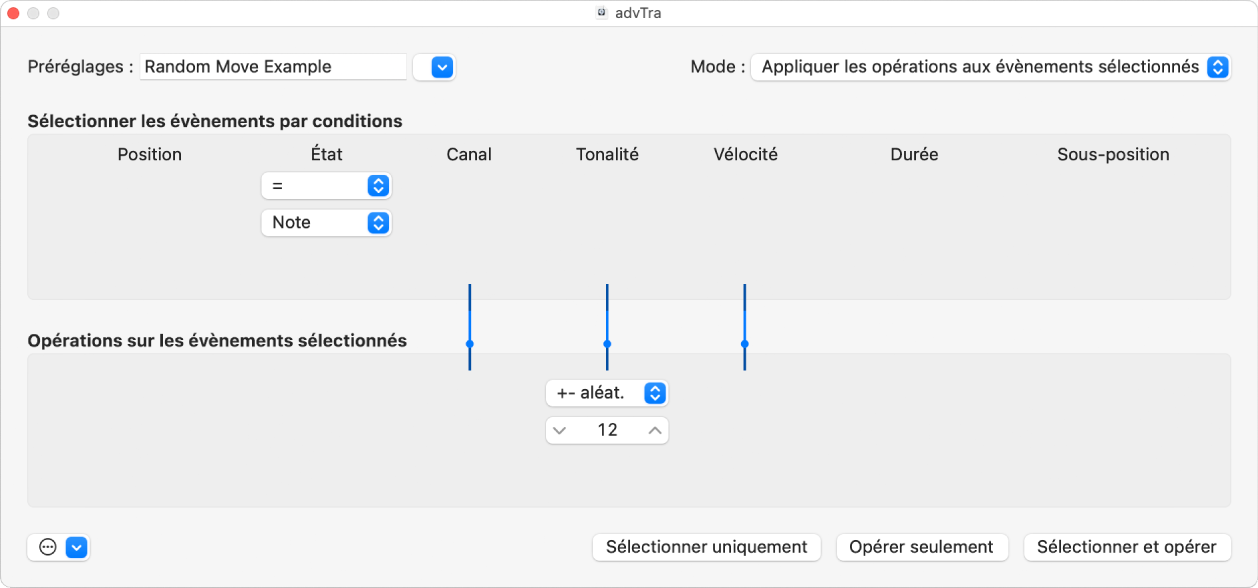 Figure. Fenêtre de transformation affichant des réglages permettant de modifier aléatoirement la tonalité des évènements de note MIDI.