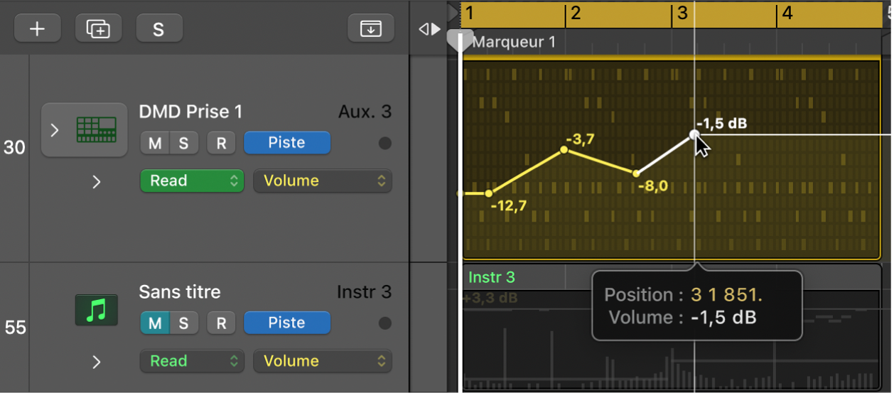 Figure. Automation du volume et du panoramique audio d’une piste.