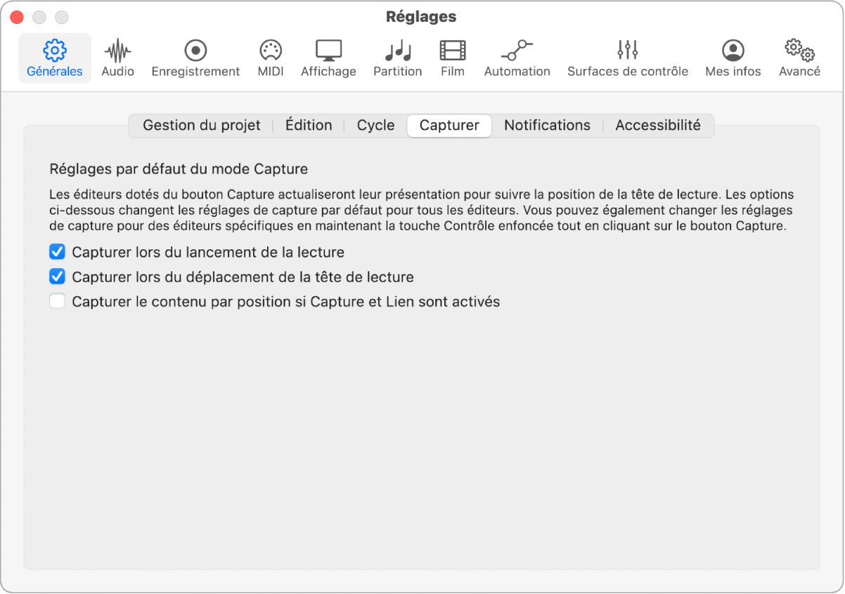Figure. Réglages de capture.