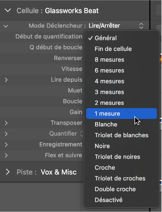 Figure. Menu local Début de quantification dans l’inspecteur de cellule.