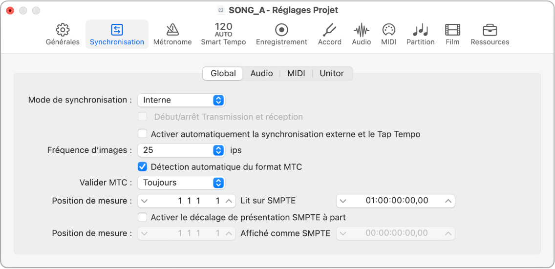 Figure. Réglages généraux de synchronisation du projet.