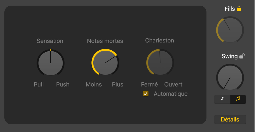 Figure. Potentiomètre Feel, potentiomètre Notes fantômes et potentiomètre Charleston dans l’éditeur de drummer.