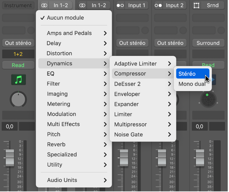 Figure. Choix d’un effet audio dans le menu local.