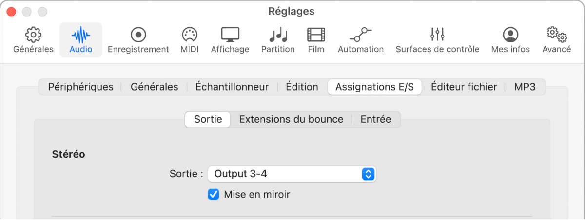 Figure. Section Sortie de la sous-fenêtre Attributions E/S des réglages audio.