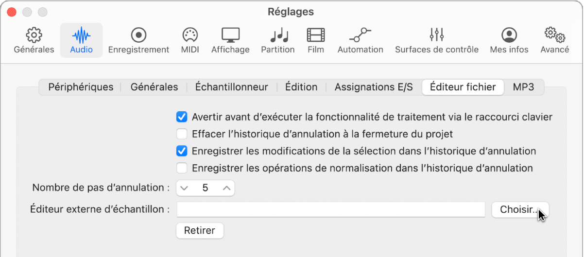 Figure. Sous-fenêtre Éditeur fichier dans les réglages Audio.