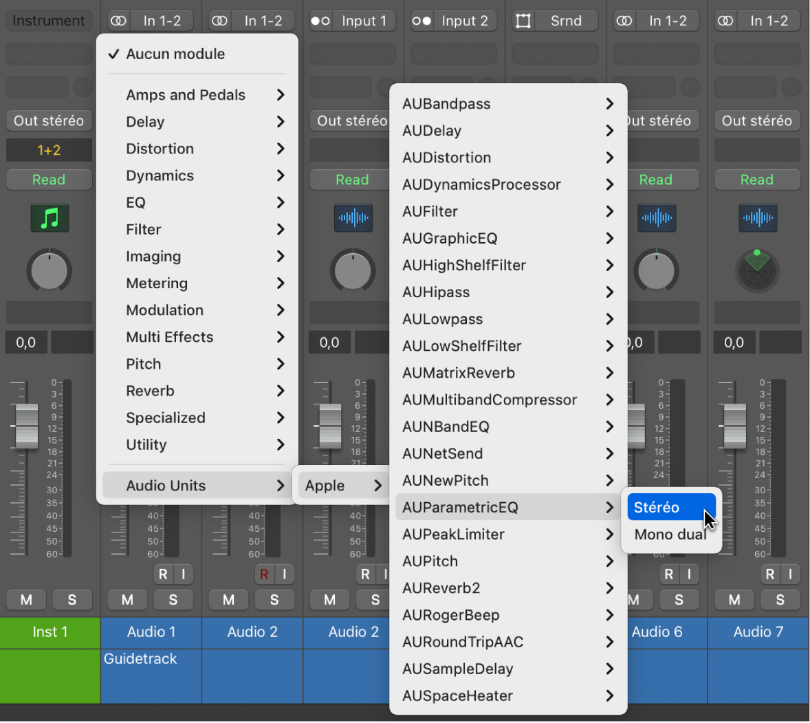 Sous-menu Audio Units du menu Modules.