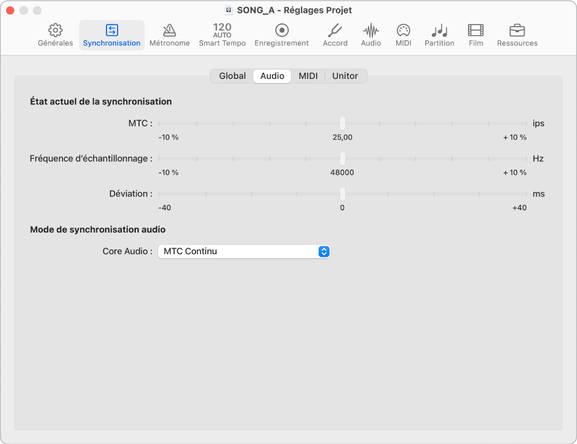 Figure. Réglages de synchronisation audio du projet.